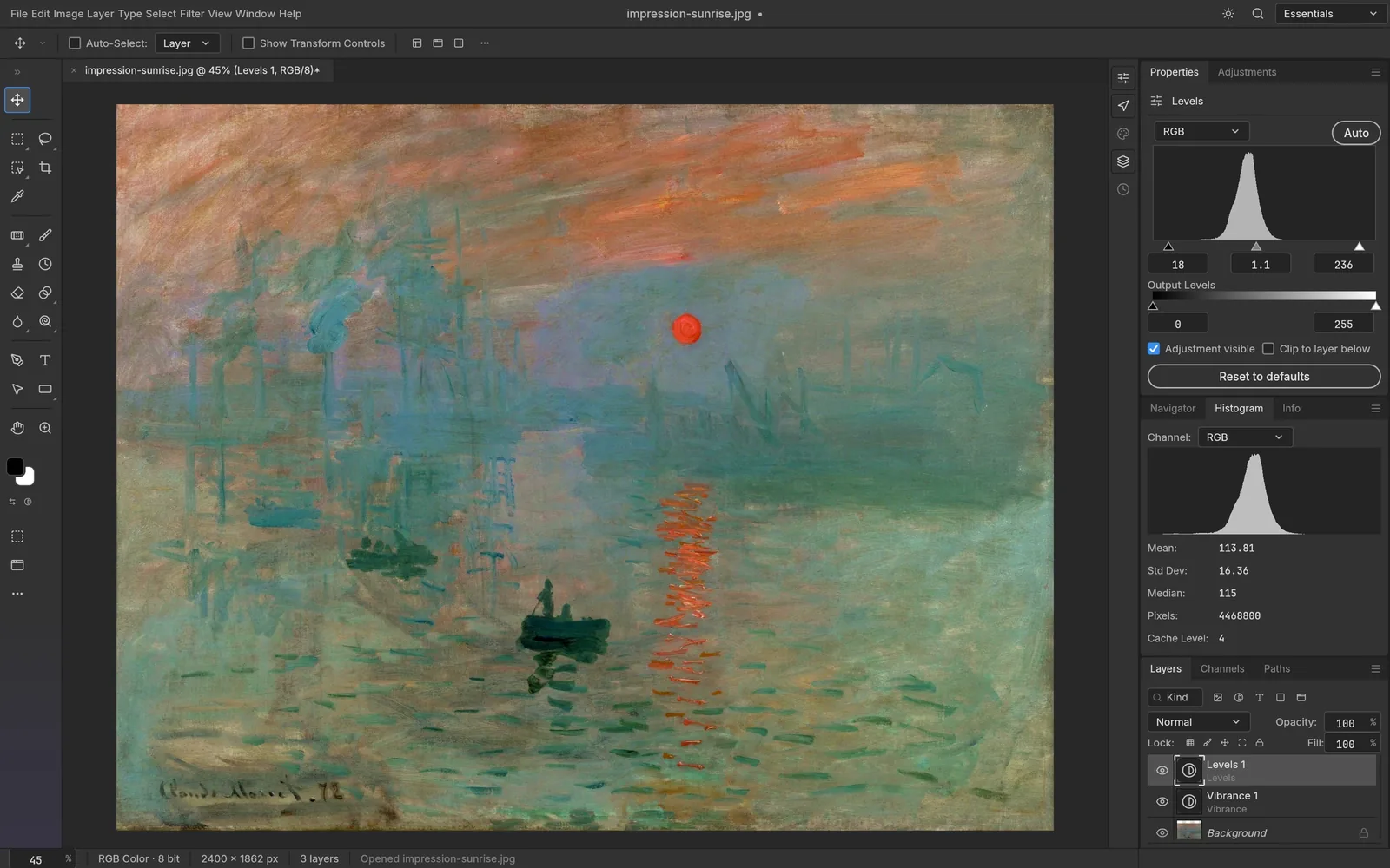 PhotoCraft with Levels and Vibrance adjustment layers and the live Histogram panel open over Monet's Impression, Sunrise