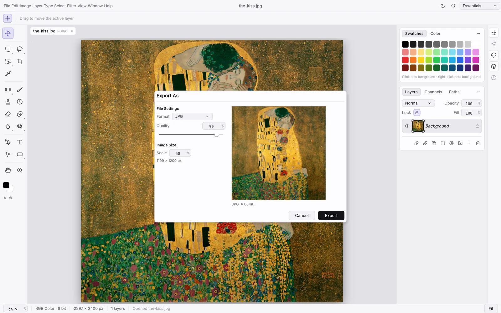 The PhotoCraft Export As dialog in the light theme, previewing a scaled JPEG export of Klimt's The Kiss with an estimated file size
