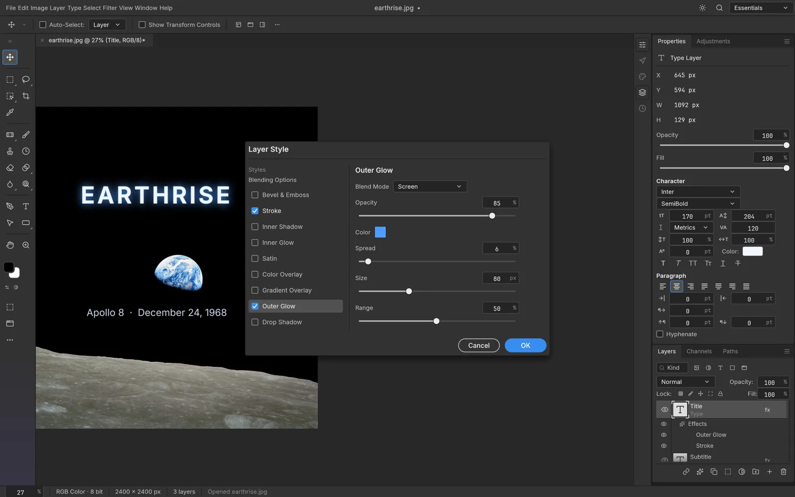 The PhotoCraft Layer Style dialog applying an Outer Glow and Stroke to a live type layer over the Apollo 8 Earthrise photograph